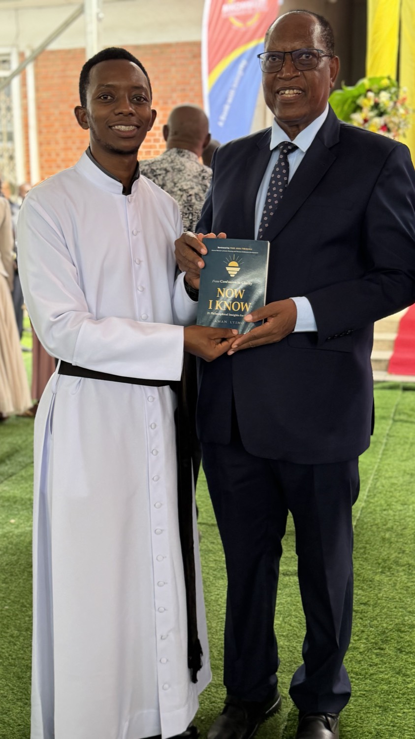 Handing over a copy, in the white cassock.